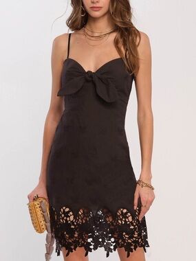 Heartloom SzS Black “Liam” Cotton Mini Dress w/ Front Bow, Lace Trim, Smock Back